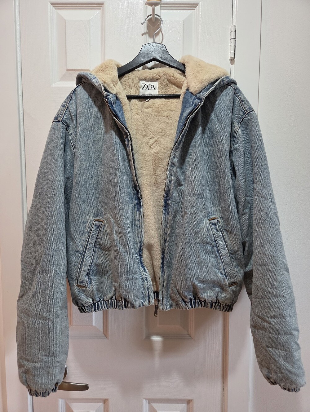 Zara Man Faux Fur Lined Hooded Denim Bomber Jacket Light Wash Size S